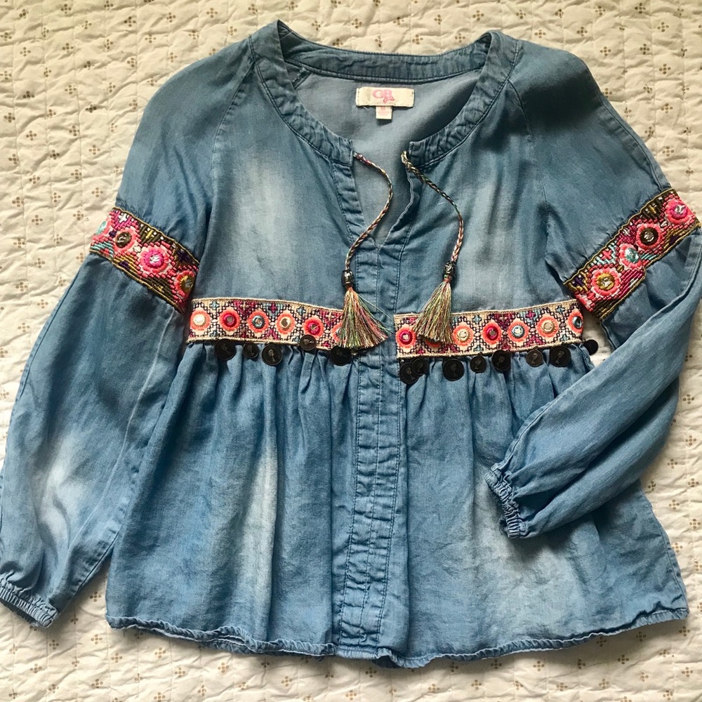 GB girls boho denim embroidered fringe shirt